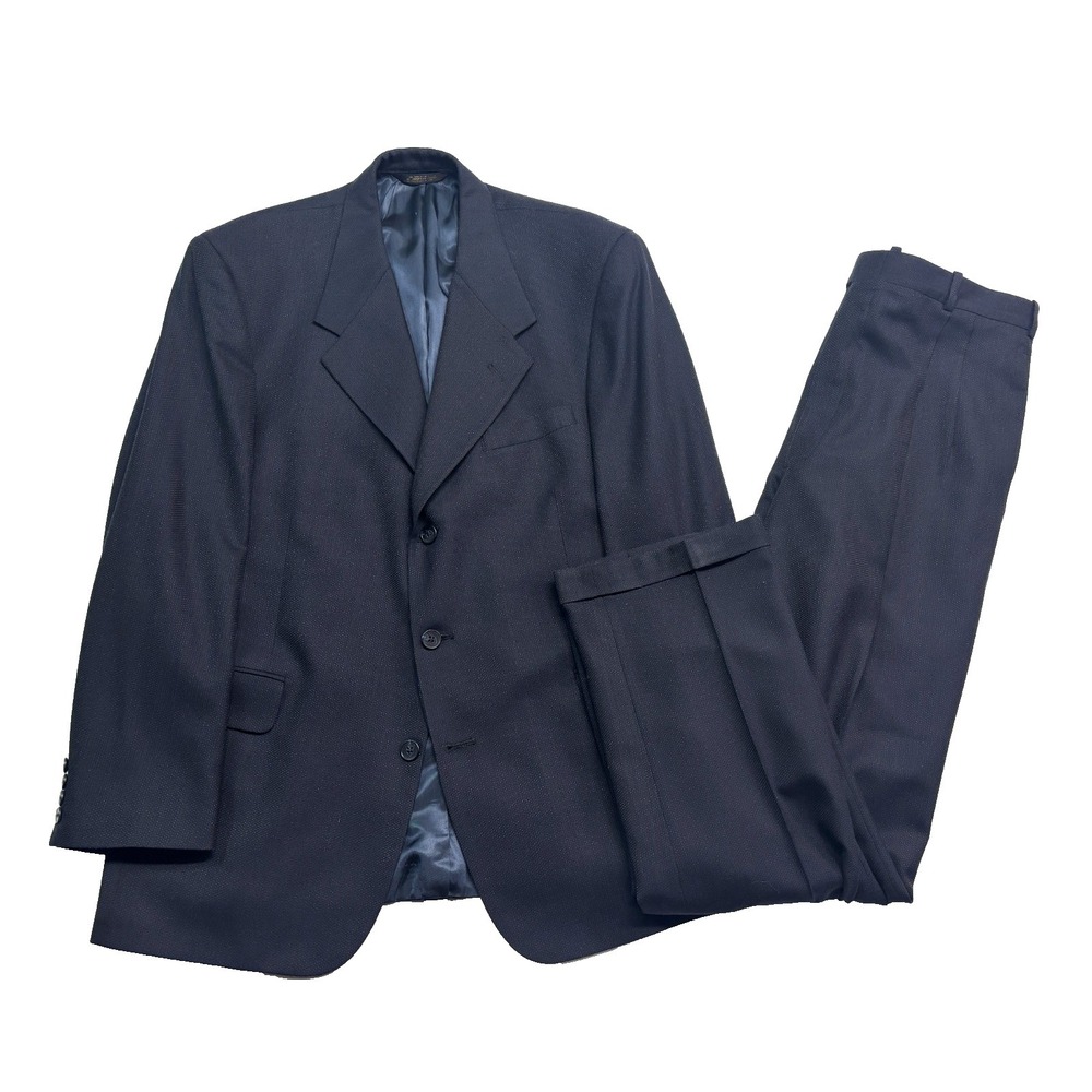 vtg Y2K Tom James 42R 35x32 Navy Blue 2pc Pant Suit Wool Soft Knit USA Classic